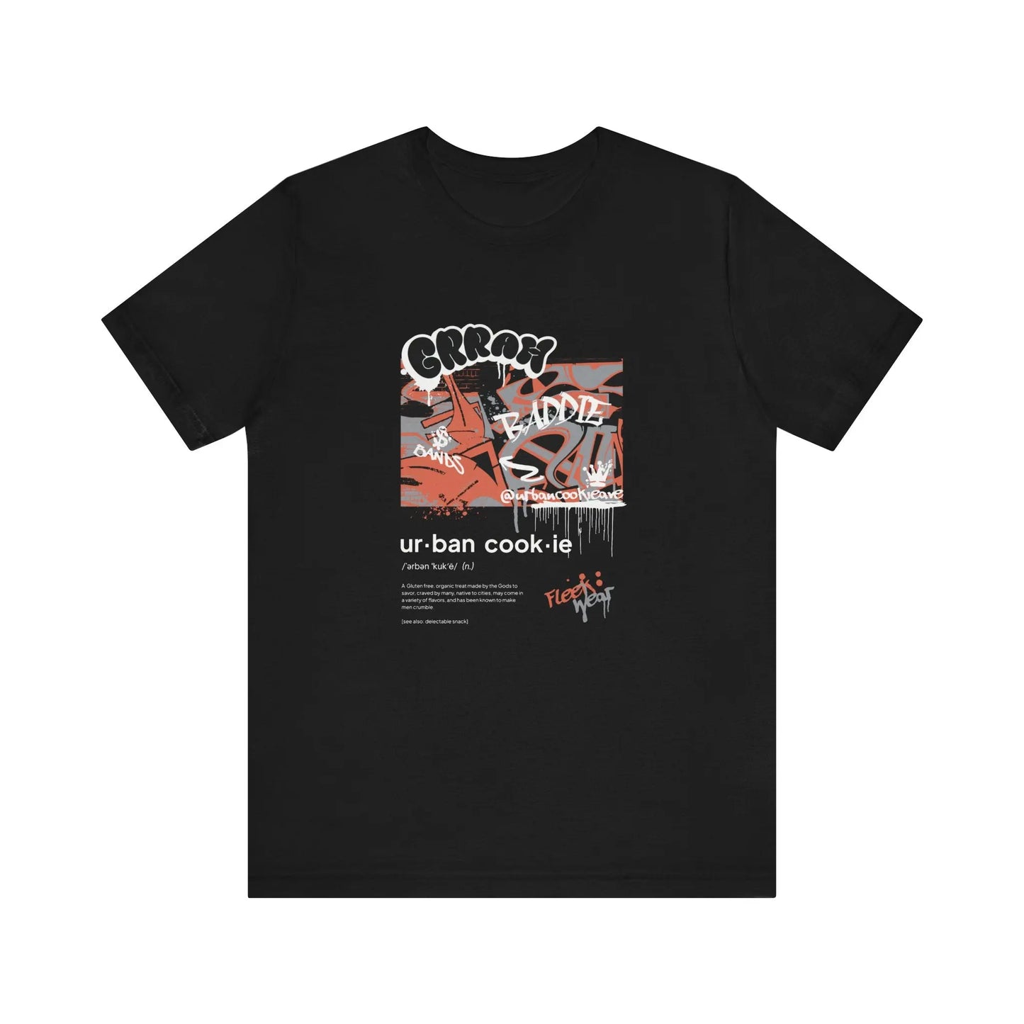 Black Urban Cookie Graffiti T-shirt fleek wear streetwear style t-shirt with graffiti and Urban Cookie definition in a dictionary entry style design.
