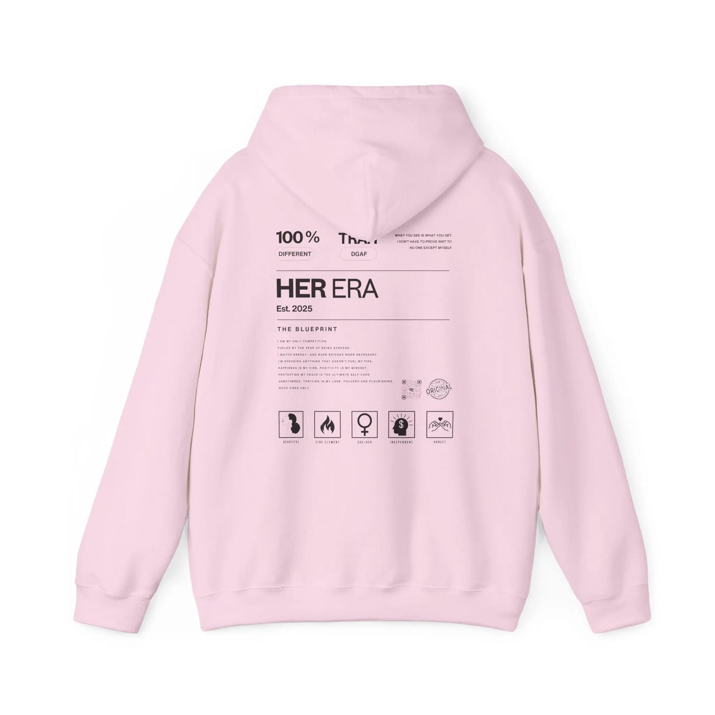 Light color Urban Cookie back-print hoodie with “HER ERA Est. 2025,” “100 % Different” & “Trait DGAF” graphics, blueprint text and icons.