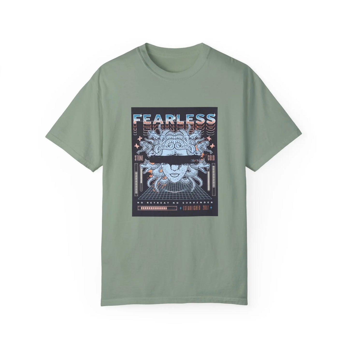 Urban Cookie fearless Medusa T-shirt Y2k grunge futuristic tee in Bay. Medusa head with paint drip blacked out effect over the eyes, colorful duplicated fearless font in bold colors. No retreat no surrender text. White background.