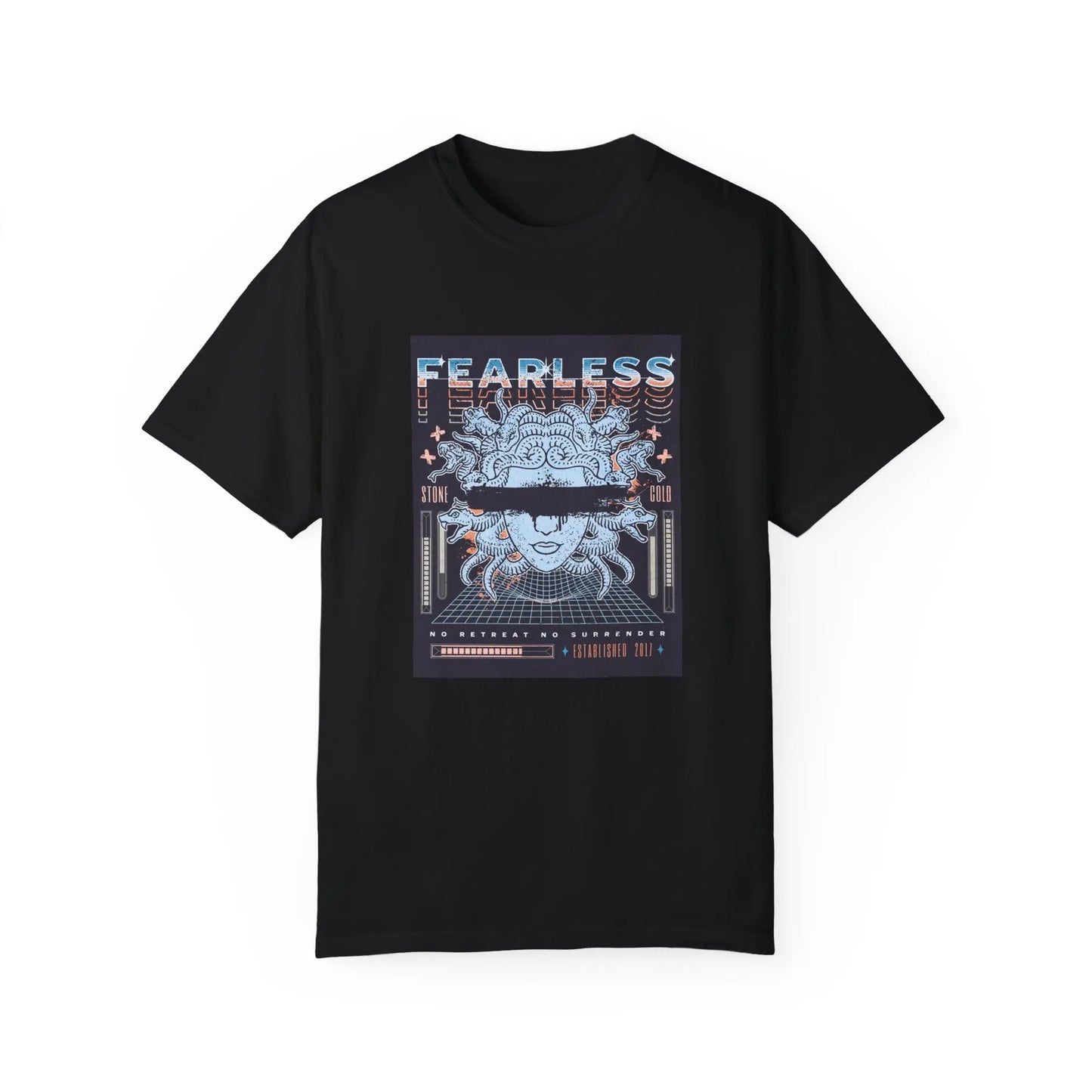 Urban Cookie fearless Medusa T-shirt Y2k grunge futuristic tee in Black. Medusa head with paint drip blacked out effect over the eyes, colorful duplicated fearless font in bold colors. No retreat no surrender text. White background.