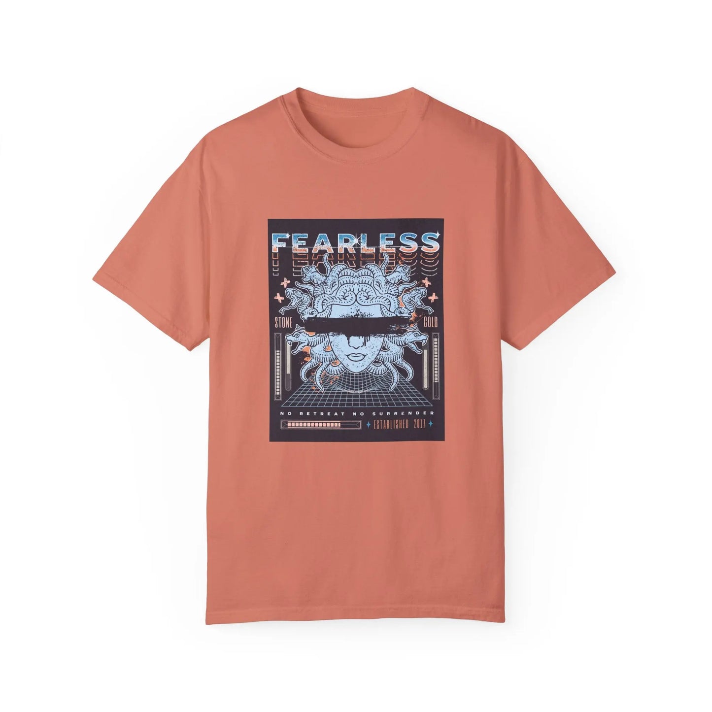 Urban Cookie fearless Medusa Y2k grunge futuristic tee in Terracotta. Medusa head with paint drip blacked out effect over the eyes, colorful duplicated fearless font in bold colors. No retreat no surrender text. White background.