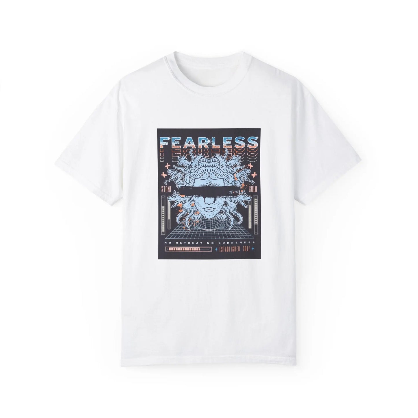 Urban Cookie fearless Medusa T-shirt Y2k grunge futuristic tee in White. Medusa head with paint drip blacked out effect over the eyes, colorful duplicated fearless font in bold colors. No retreat no surrender text. White background.