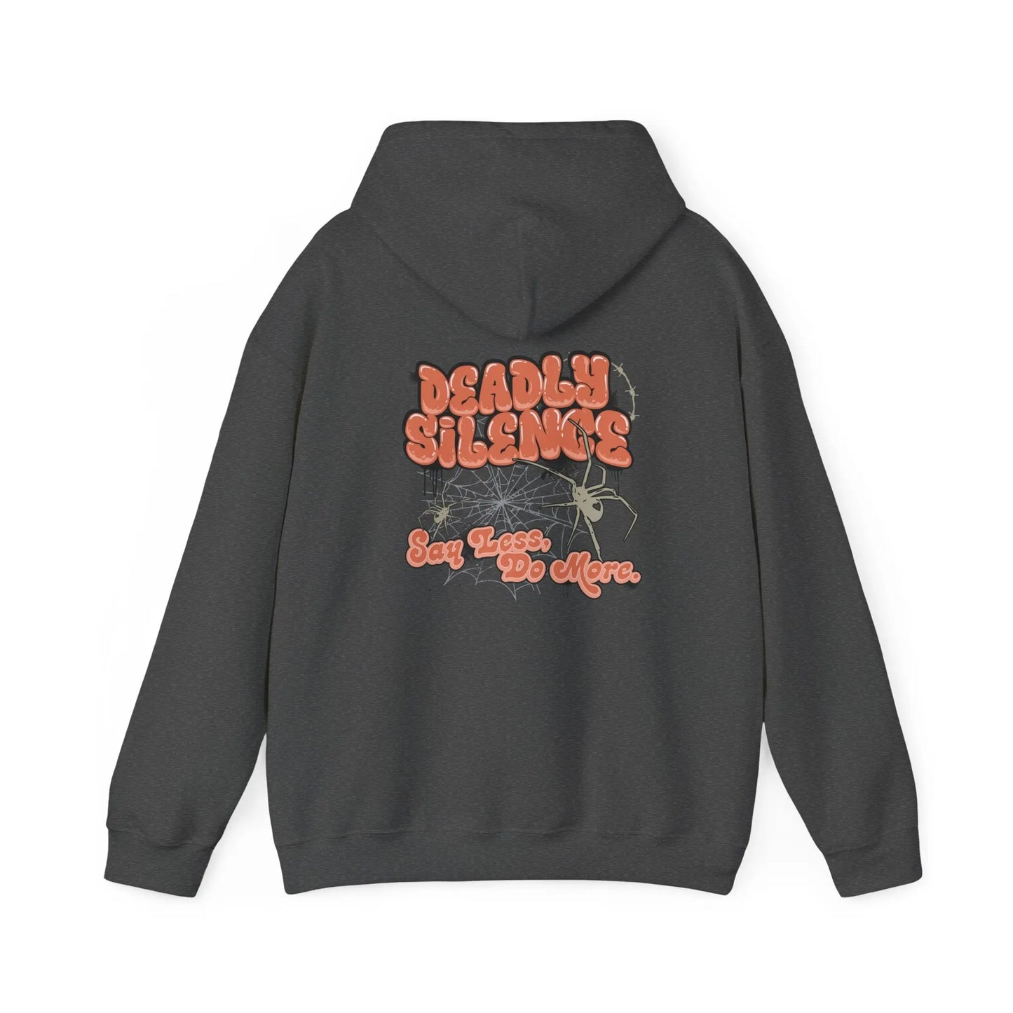 Dark Heather (Dark Grey) hoodie with a bold “Deadly Silence” back graphic, featuring the phrase “Say Less, Do More” and subtle line-art details – a statement streetwear piece from Urban Cookie.