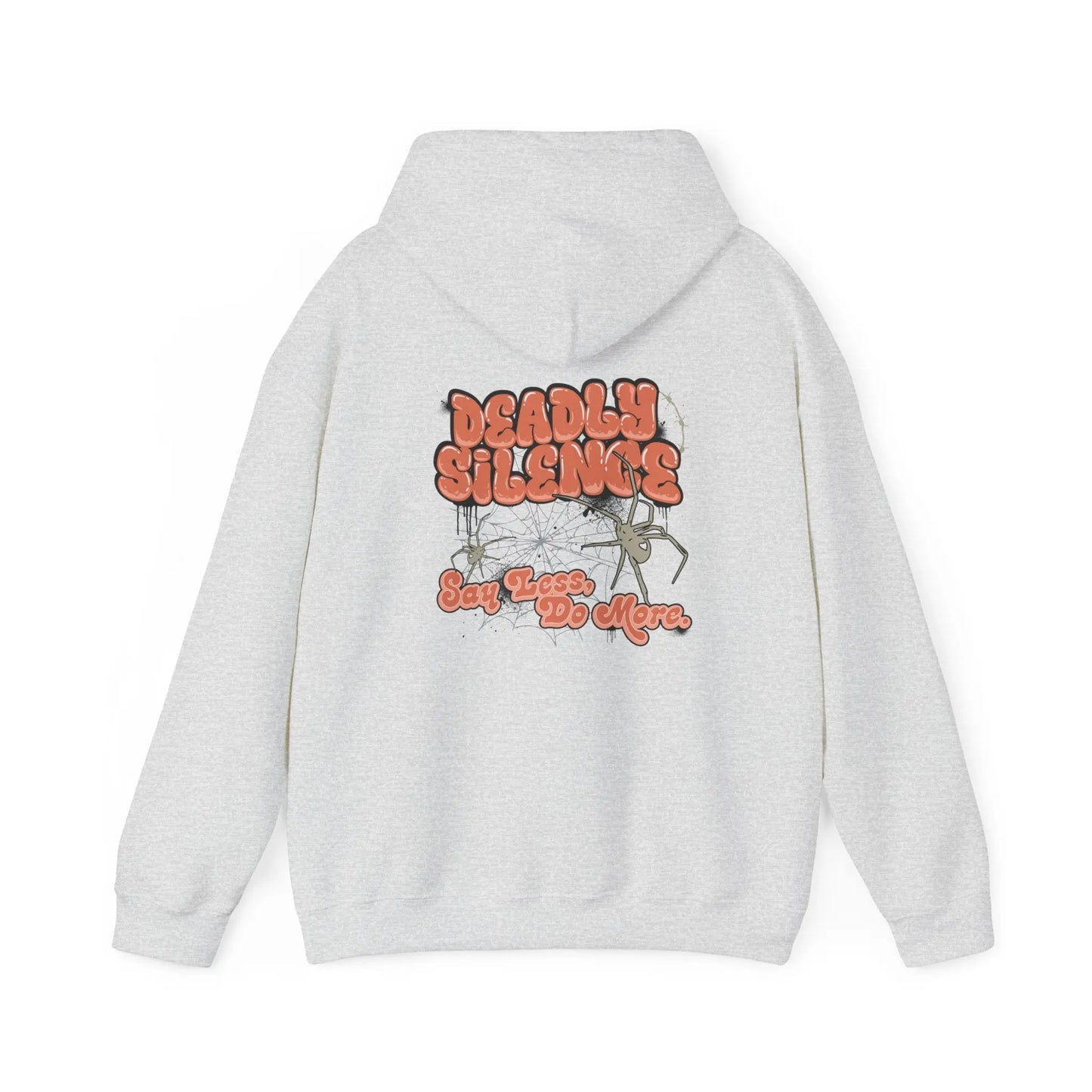 Ash hoodie with a bold “Deadly Silence” back graphic, featuring the phrase “Say Less, Do More” and subtle line-art details – a statement streetwear piece from Urban Cookie.