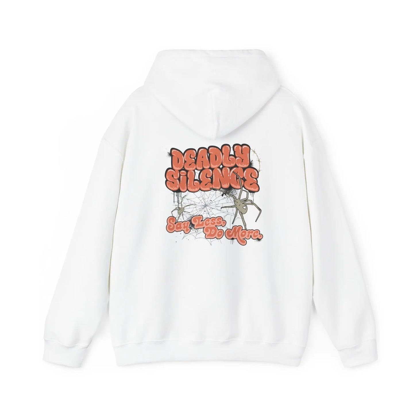White hoodie with a bold “Deadly Silence” back graphic, featuring the phrase “Say Less, Do More” and subtle line-art details – a statement streetwear piece from Urban Cookie.