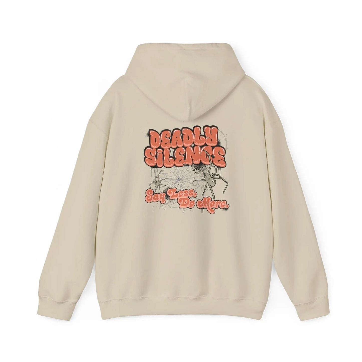 Beige (Sand) hoodie with a bold “Deadly Silence” back graphic, featuring the phrase “Say Less, Do More” and subtle line-art details – a statement streetwear piece from Urban Cookie.
