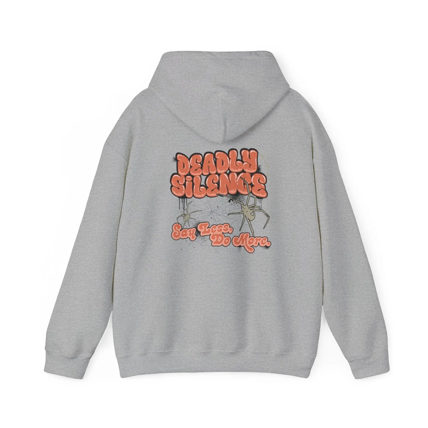 Sport Grey hoodie with a bold “Deadly Silence” back graphic, featuring the phrase “Say Less, Do More” and subtle line-art details – a statement streetwear piece from Urban Cookie.
