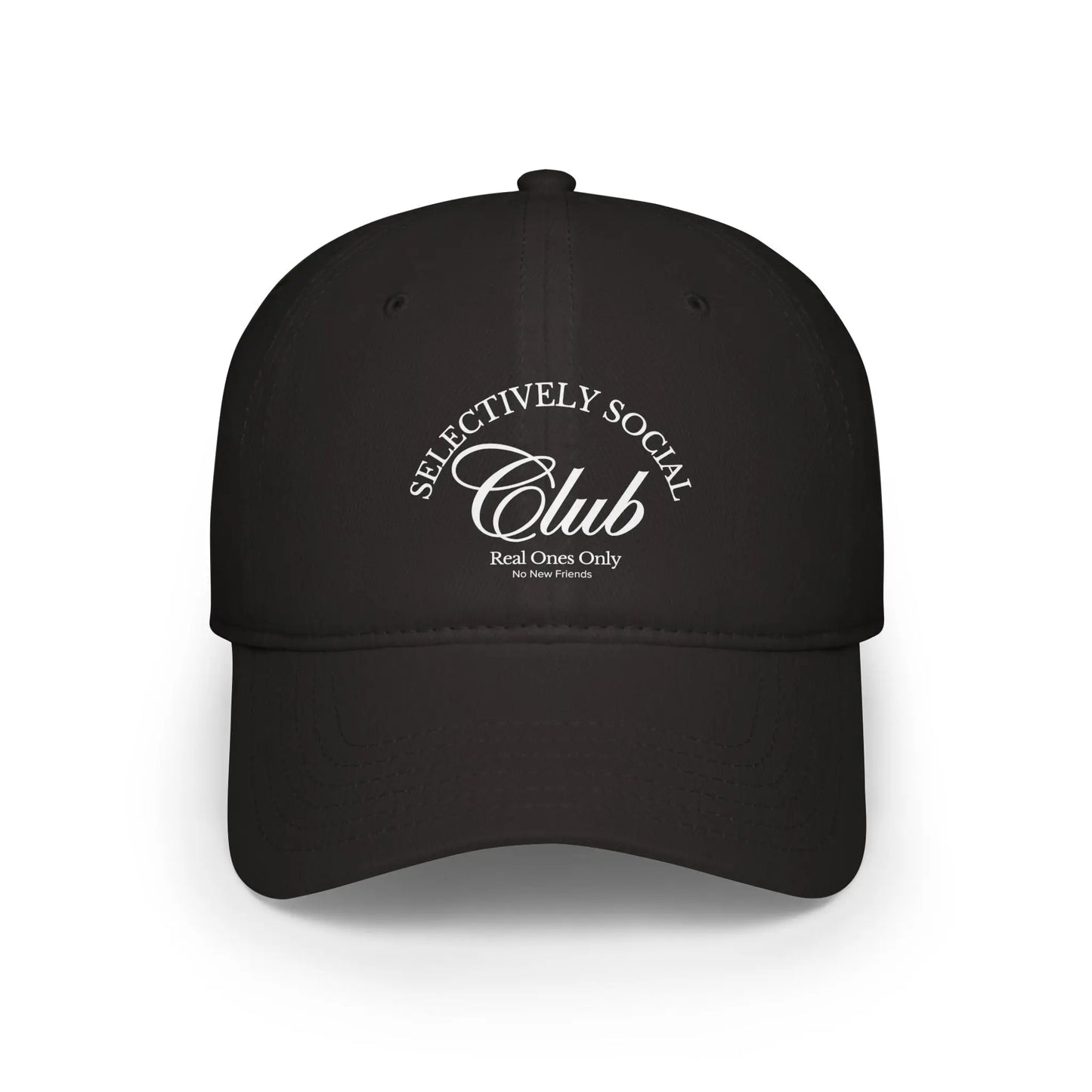 Selectively Social Club Black Low Profile Cap. Stylish & minimal design with white text. It's perfect for those who prefer to keep their circles small.