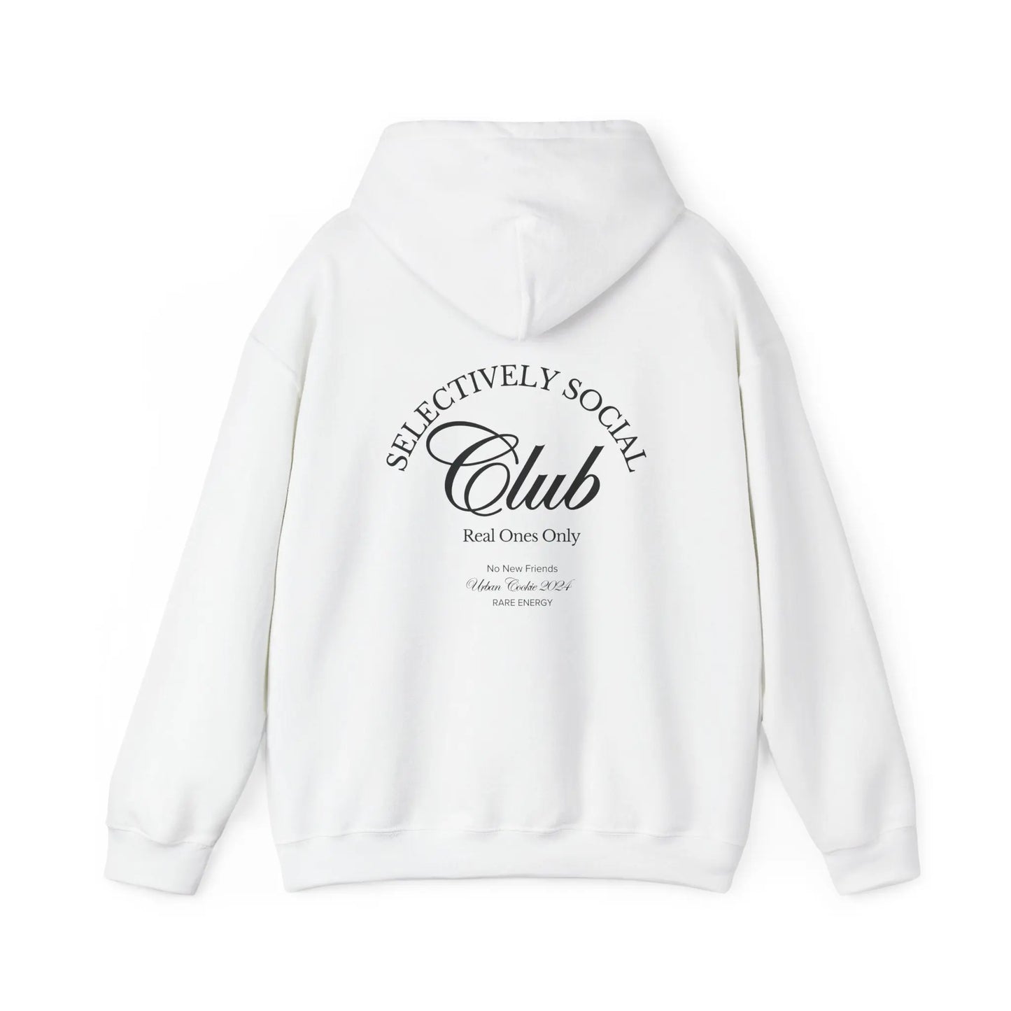 White 'Selectively Social Club' hoodie from Urban Cookie, featuring a minimalist design in bold White text on the back that reads 'Real Ones Only' and 'Rare Energy.'