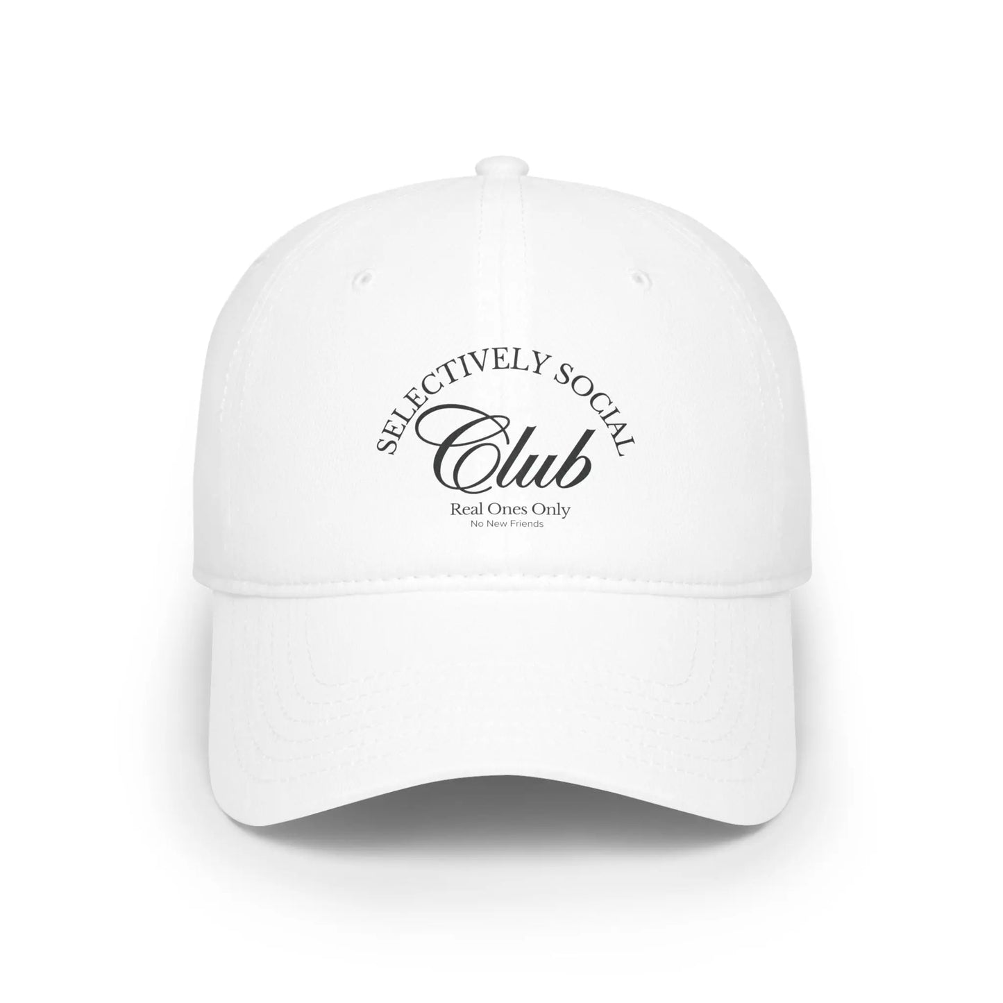Selectively Social Club White Low Profile Cap. Stylish & minimal design with Black text. it's perfect for those who prefer to keep their circles small.