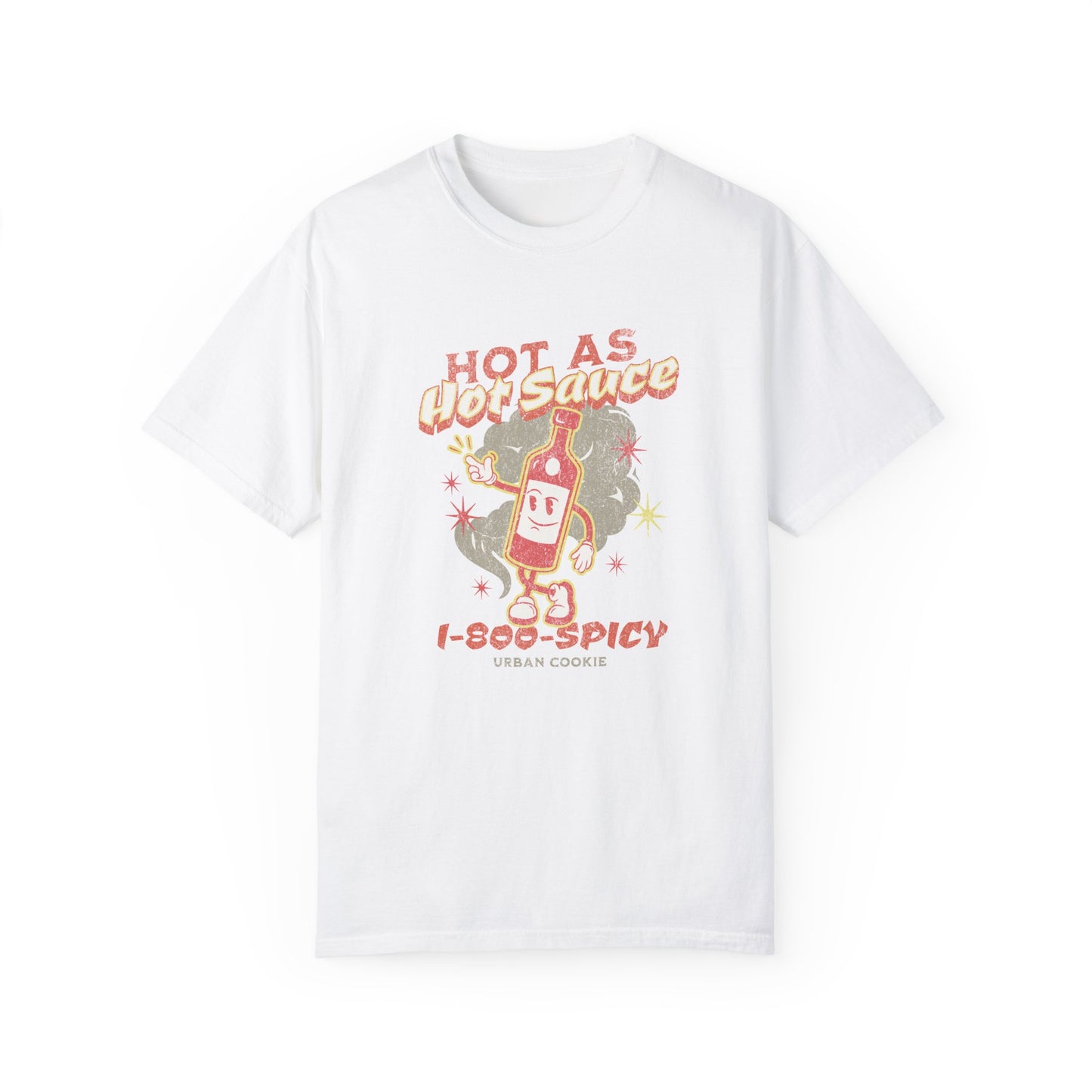 Urban Cookie Spice It Up Tee in White. Vintage Hot sauce cartoon character with Hot LIKE Pepper Sauce Text in spicy colored font. White background.