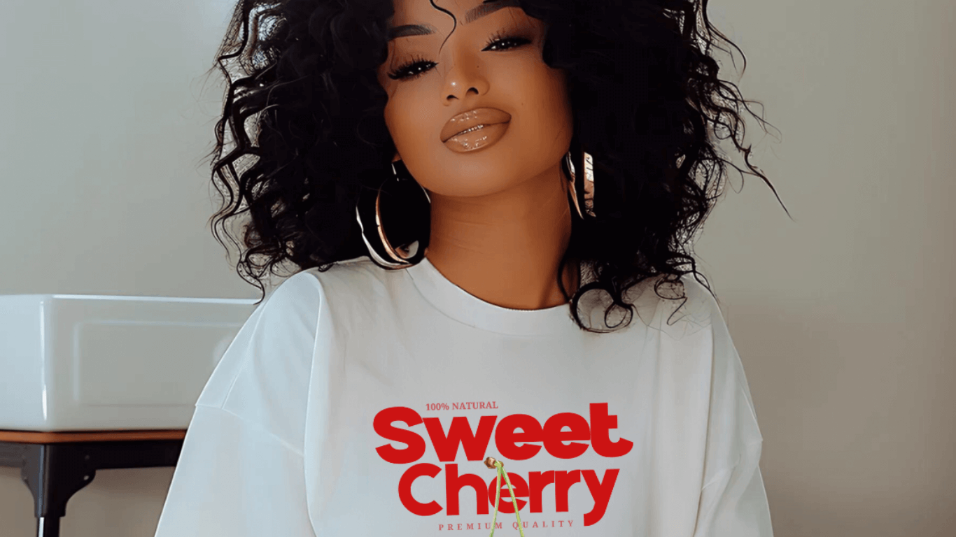 Trendy model wearing Urban Cookie’s white “Sweet Cherry” Tee with bold red cherry graphics, evoking a playful Y2K aesthetic and vintage streetwear flair.