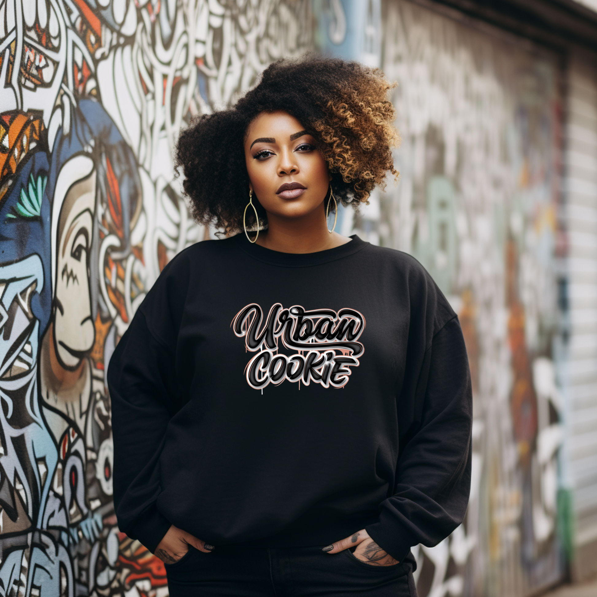 Girl with  serious face and hands in her pockets wearing large hoop earrings with blond, and auburn coils wearing an Urban Cookie Branded Crewneck in Black standing beside a graffiti wall.