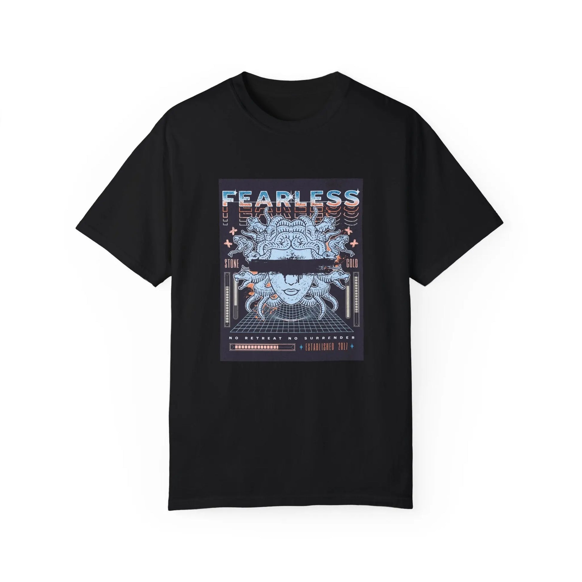 Urban Cookie fearless Medusa T-shirt Y2k grunge futuristic tee in Black. Medusa head with paint drip blacked out effect over the eyes, colorful duplicated fearless font in bold colors. No retreat no surrender text. White background.