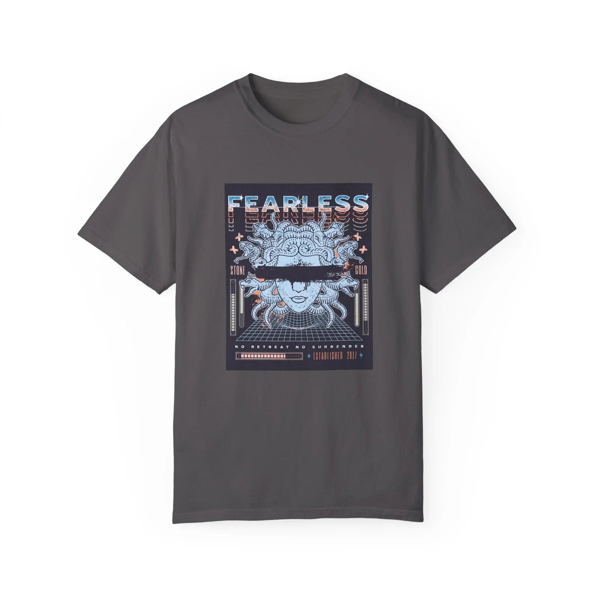 Urban Cookie's fearless Medusa T-shirt Y2k grunge futuristic tee in Graphite. Medusa head with paint drip blacked out effect over the eyes, colorful duplicated fearless font in bold colors. No retreat no surrender text. White background.