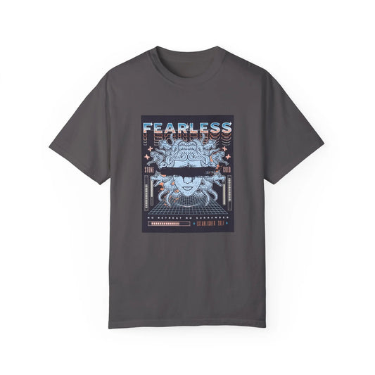 Urban Cookie's fearless Medusa T-shirt Y2k grunge futuristic tee in Graphite. Medusa head with paint drip blacked out effect over the eyes, colorful duplicated fearless font in bold colors. No retreat no surrender text. White background.