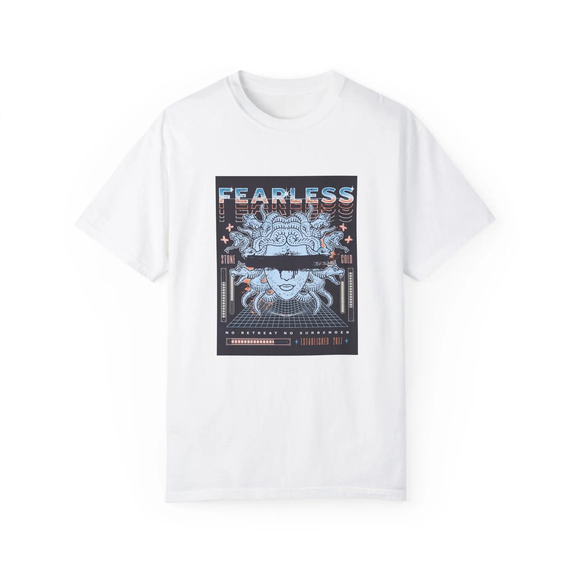 Urban Cookie fearless Medusa T-shirt Y2k grunge futuristic tee in White. Medusa head with paint drip blacked out effect over the eyes, colorful duplicated fearless font in bold colors. No retreat no surrender text. White background.