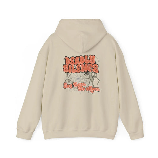 Beige (Sand) hoodie with a bold “Deadly Silence” back graphic, featuring the phrase “Say Less, Do More” and subtle line-art details – a statement streetwear piece from Urban Cookie.