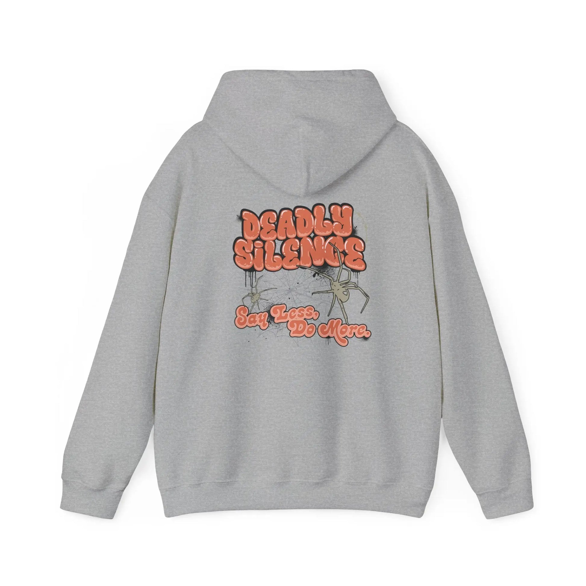 Sport Grey hoodie with a bold “Deadly Silence” back graphic, featuring the phrase “Say Less, Do More” and subtle line-art details – a statement streetwear piece from Urban Cookie.