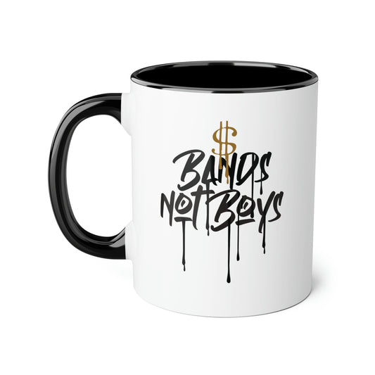 Right view of Urban Cookie Bands Not Boys accent mug on a white background.