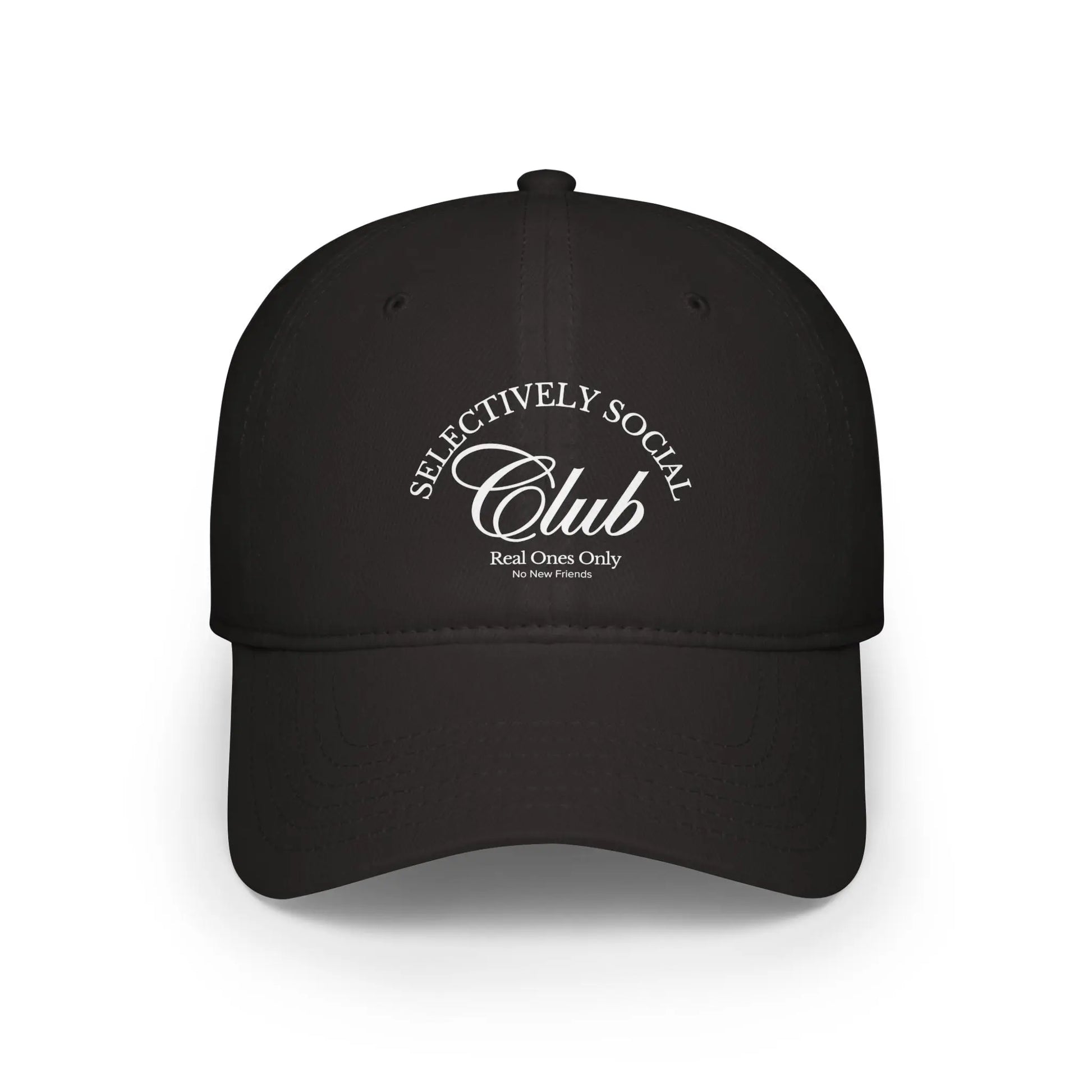 Selectively Social Club Black Low Profile Cap. Stylish & minimal design with white  text. It's perfect for those who prefer to keep their circles small.