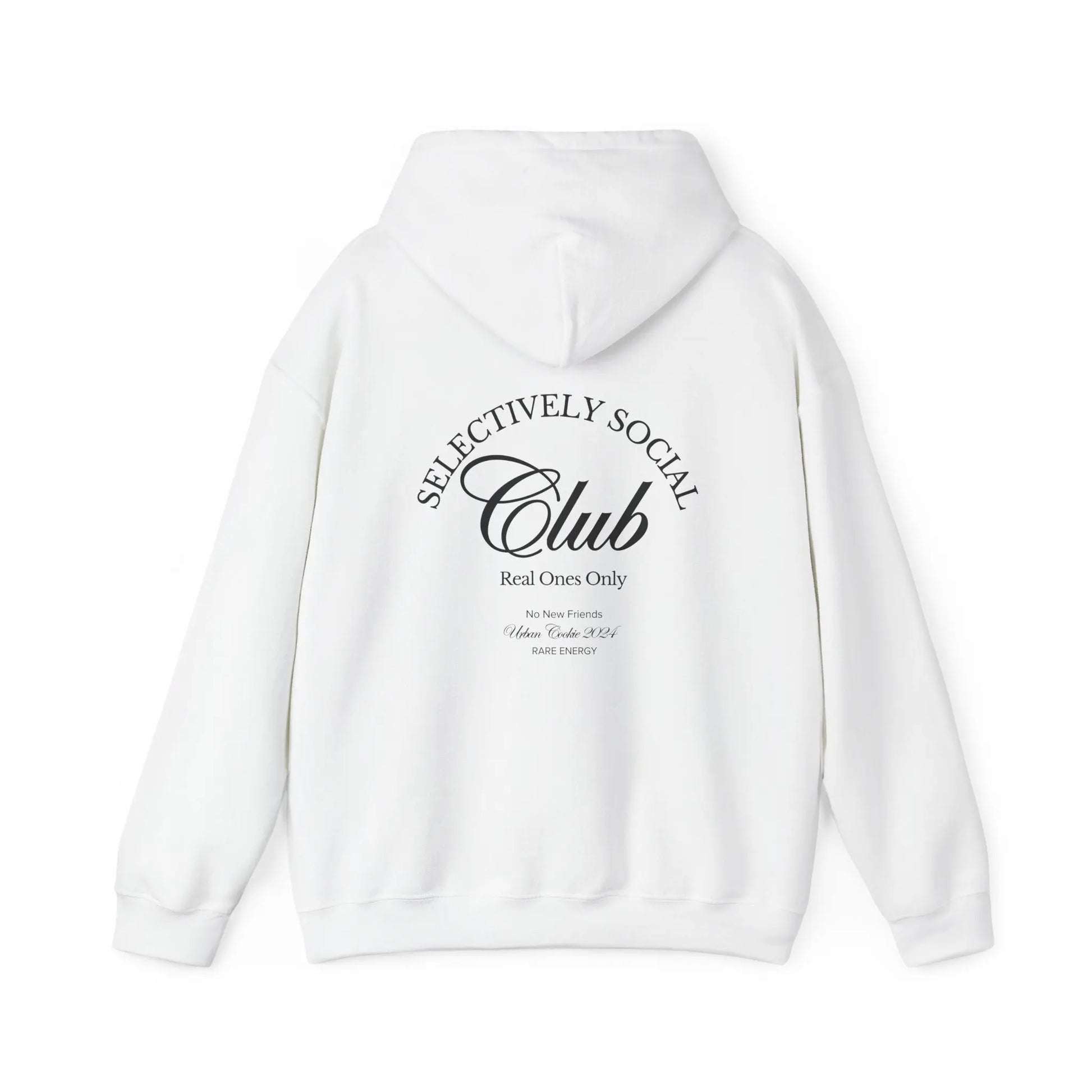 White 'Selectively Social Club' hoodie from Urban Cookie, featuring a minimalist design in bold White text on the back that reads 'Real Ones Only' and 'Rare Energy.'