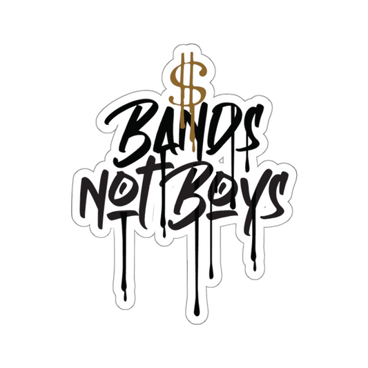 Urban Cookie Bands not Boys Kiss Cut sticker. Black drippy text outlined with a white boarder on a white background.