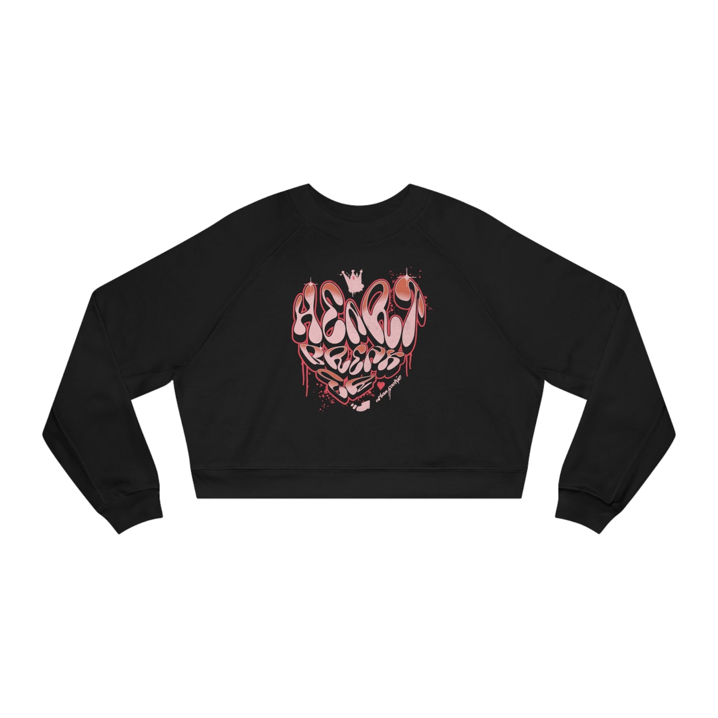 Black Urban Cookie Breaking Hearts crop top with retro graffiti heart shape drip design and a drippy crown. Flat lay on white background.