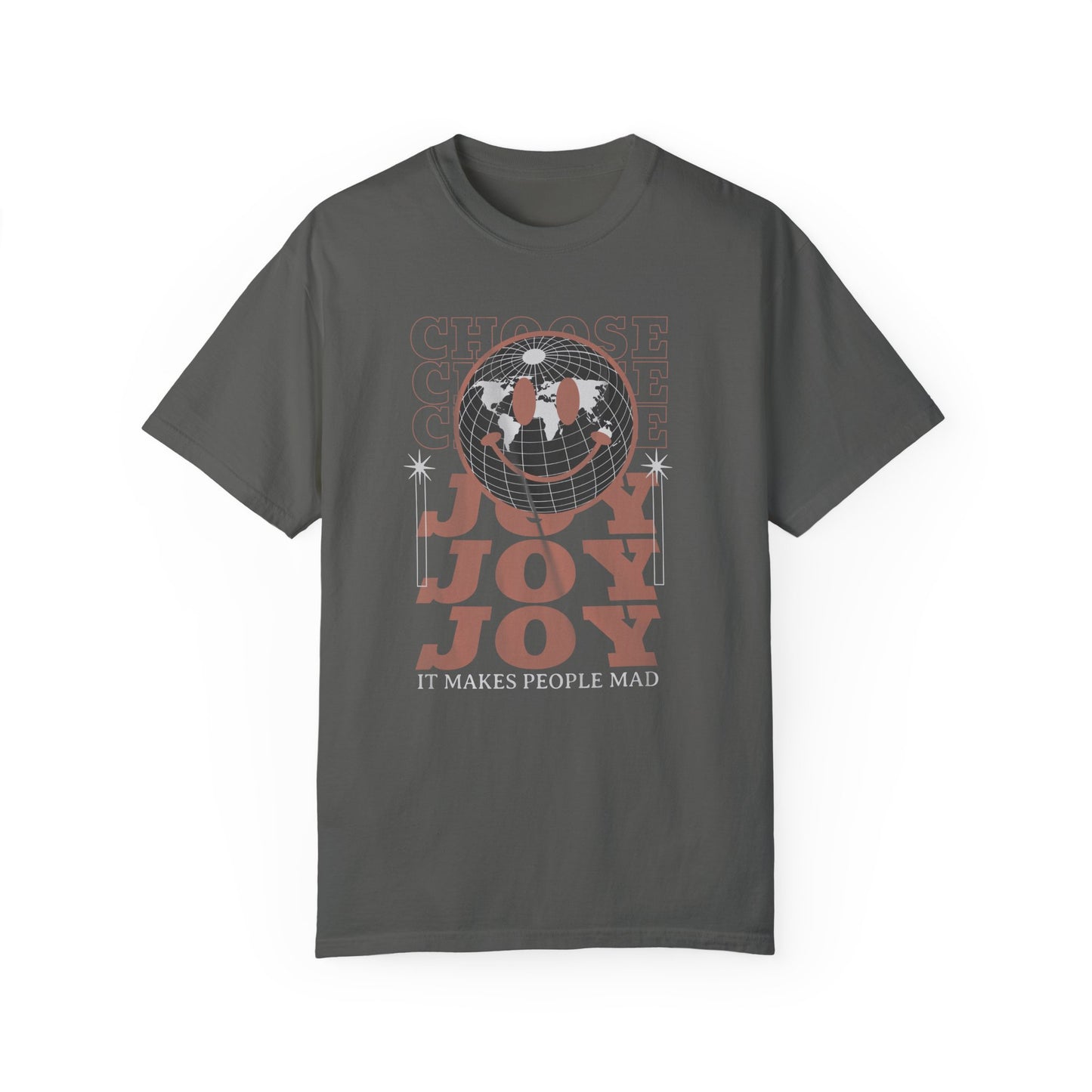 Pepper t-shirt with a Y2K happy face globe design. Choose Joy big in coral color text. "It makes people mad" text in white.