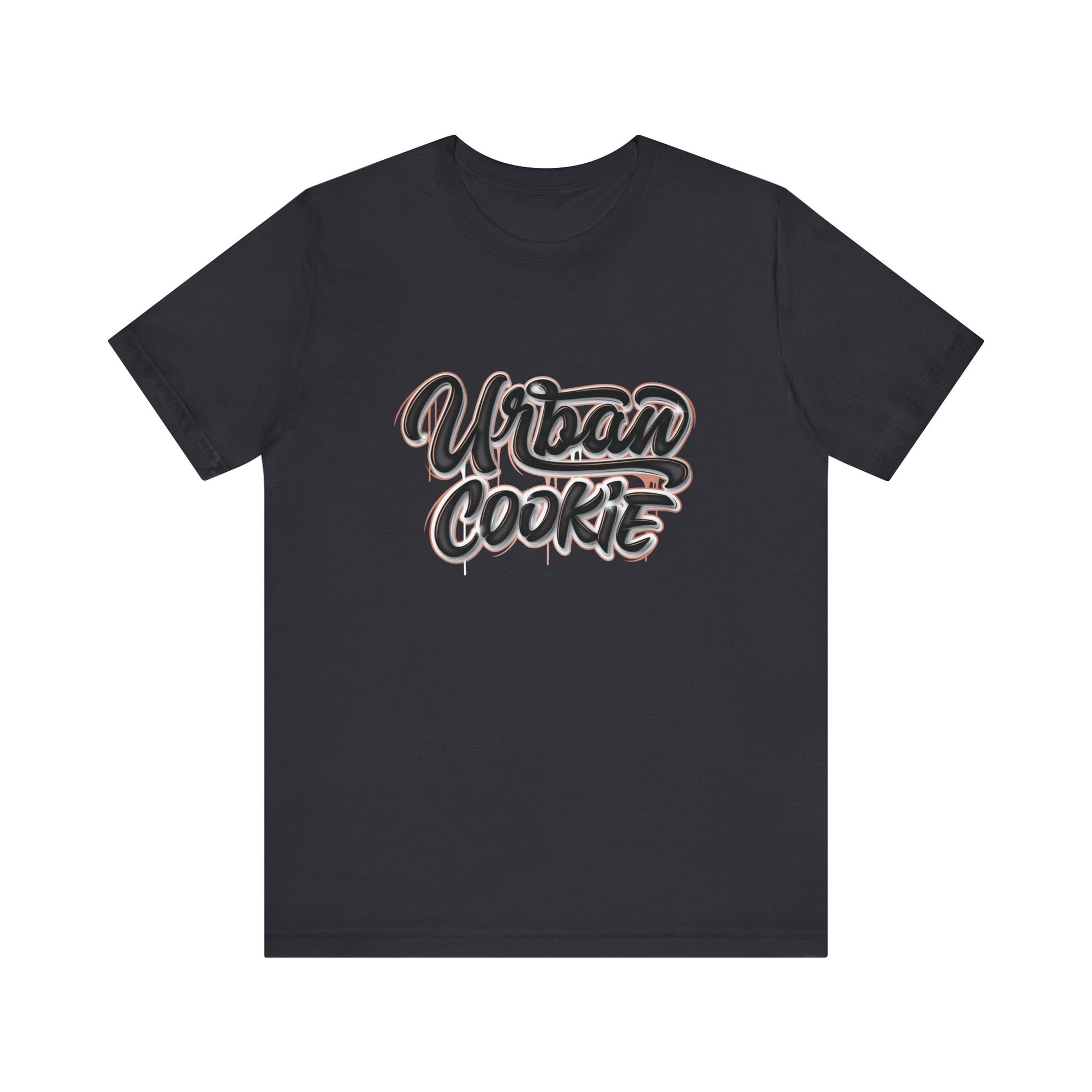 Urban Cookie Branded logo design Dark Grey tee. Signature drippy typography. White background.