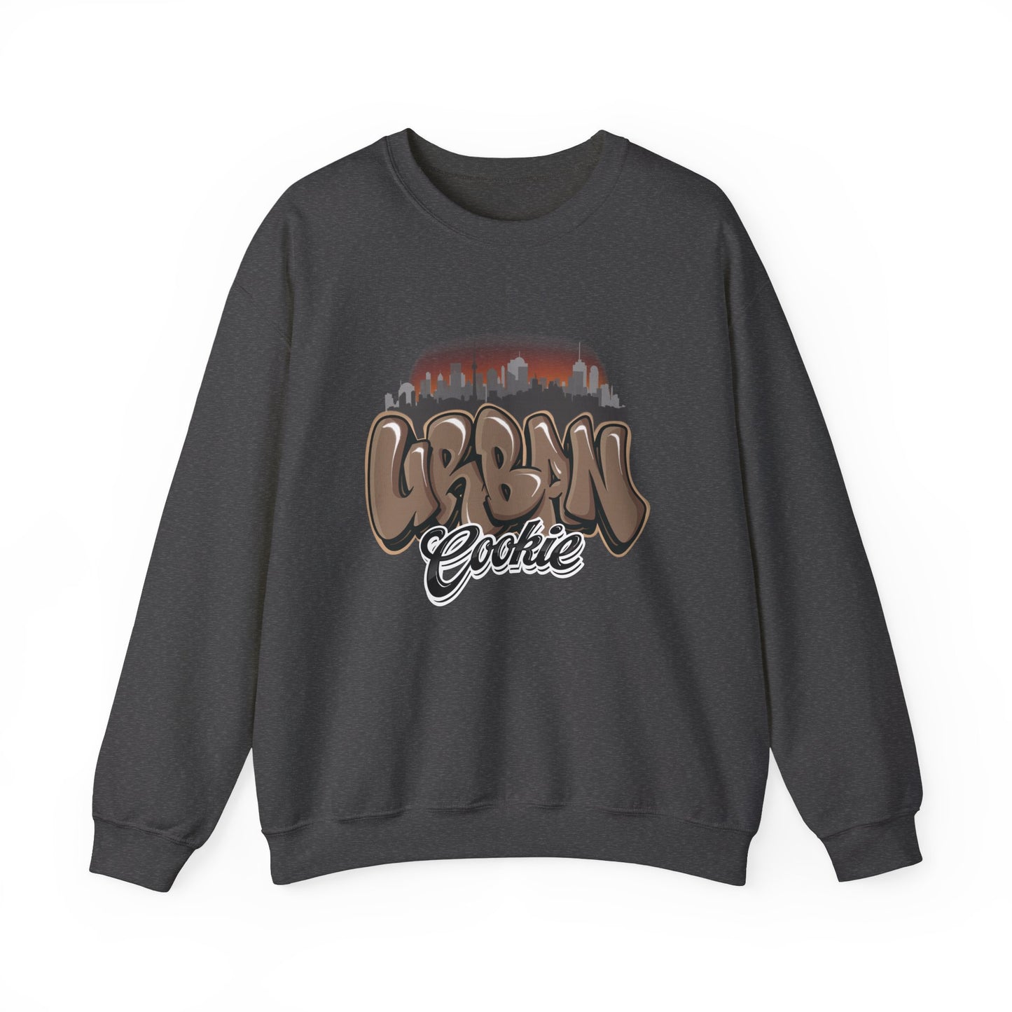 Dark Heather Retro crew with Urban Cookie faded skyline graphic, with Brown Urban Cookie graffiti text on a white background.