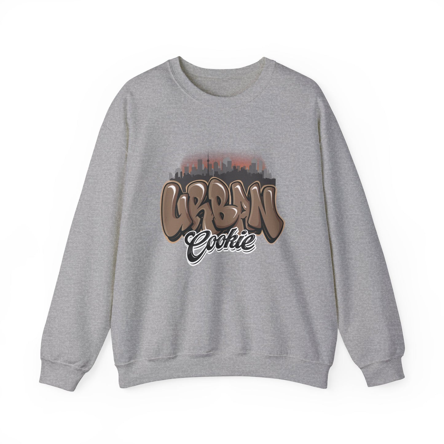 Sport Grey retro crew with Urban Cookie faded skyline graphic, with Brown Urban Cookie graffiti text on a white background.