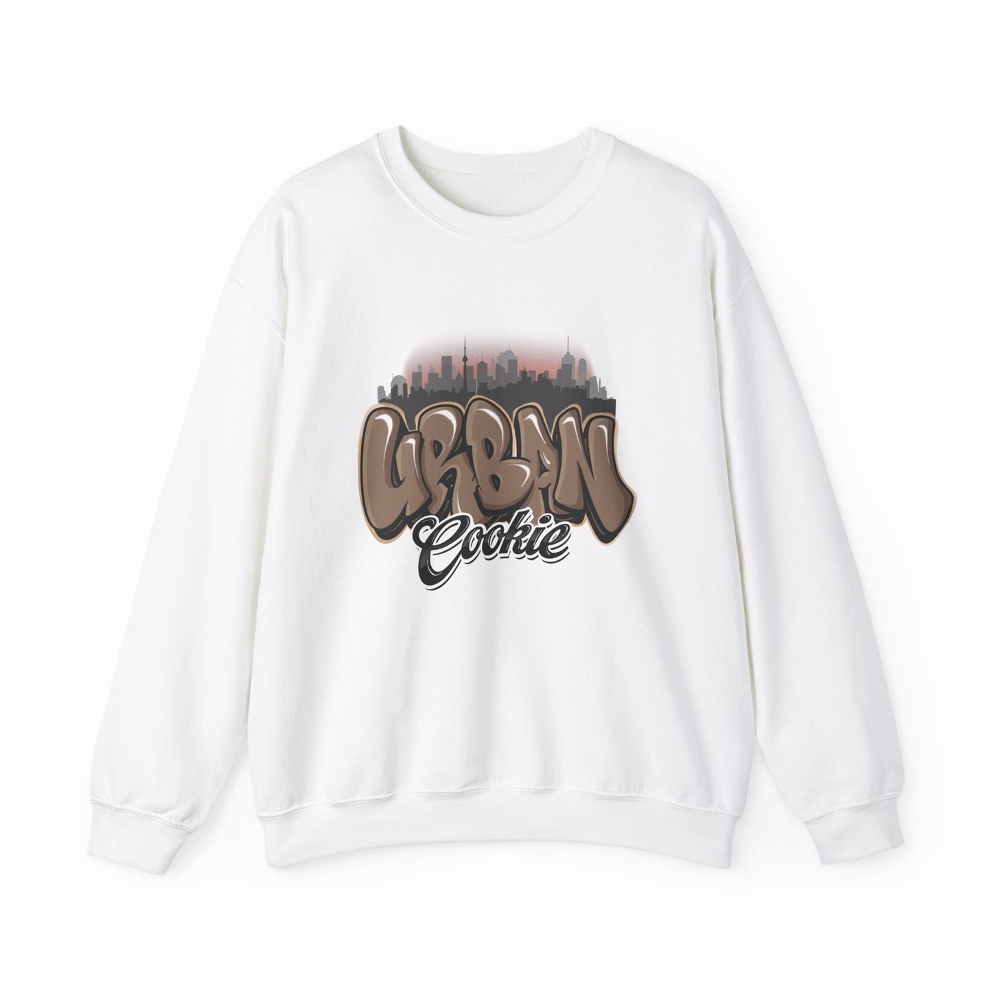 White Retro crew with Urban Cookie faded skyline graphic, with Brown Urban Cookie graffiti text on a white background.