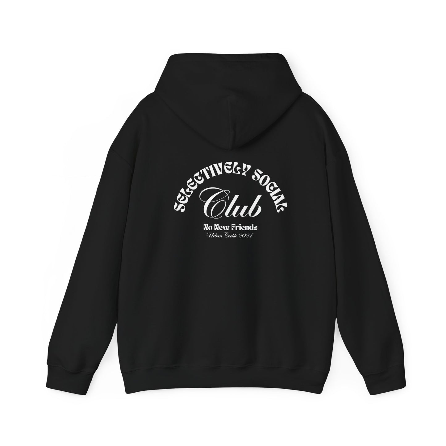 Back View of Black Urban Cookie White text wavy Selectively Social Club Hoodie on a white background.