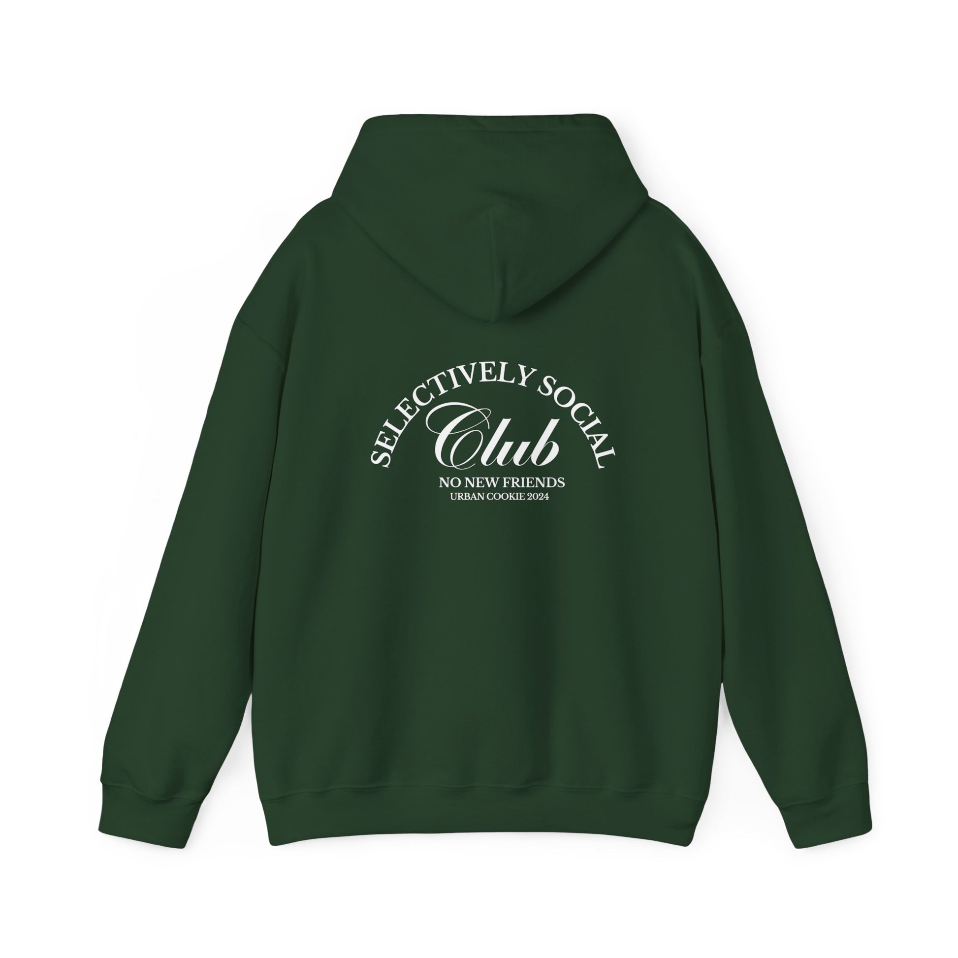 Back View of Forest Green Urban Cookie White text simple Selectively Social Club Hoodie on a white background.