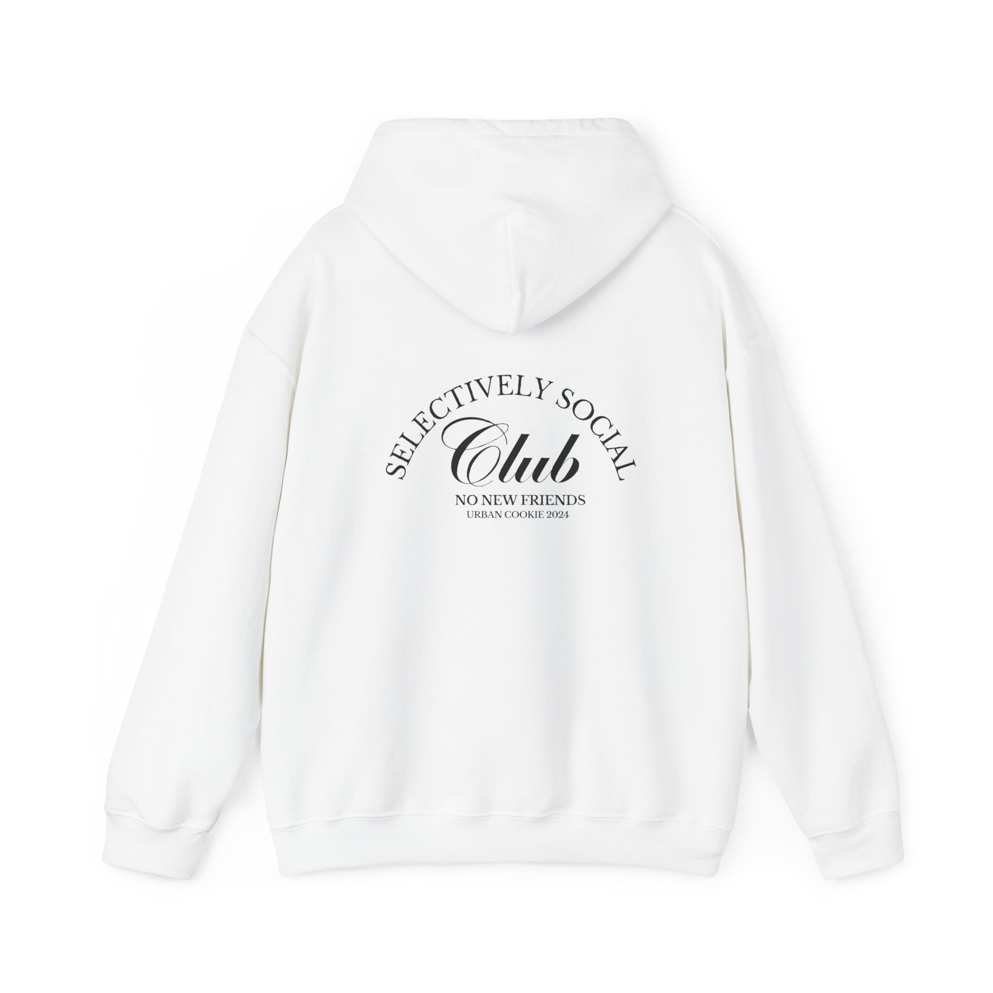 Back View of White Urban Cookie Black text simple Selectively Social Club Hoodie on a white background.