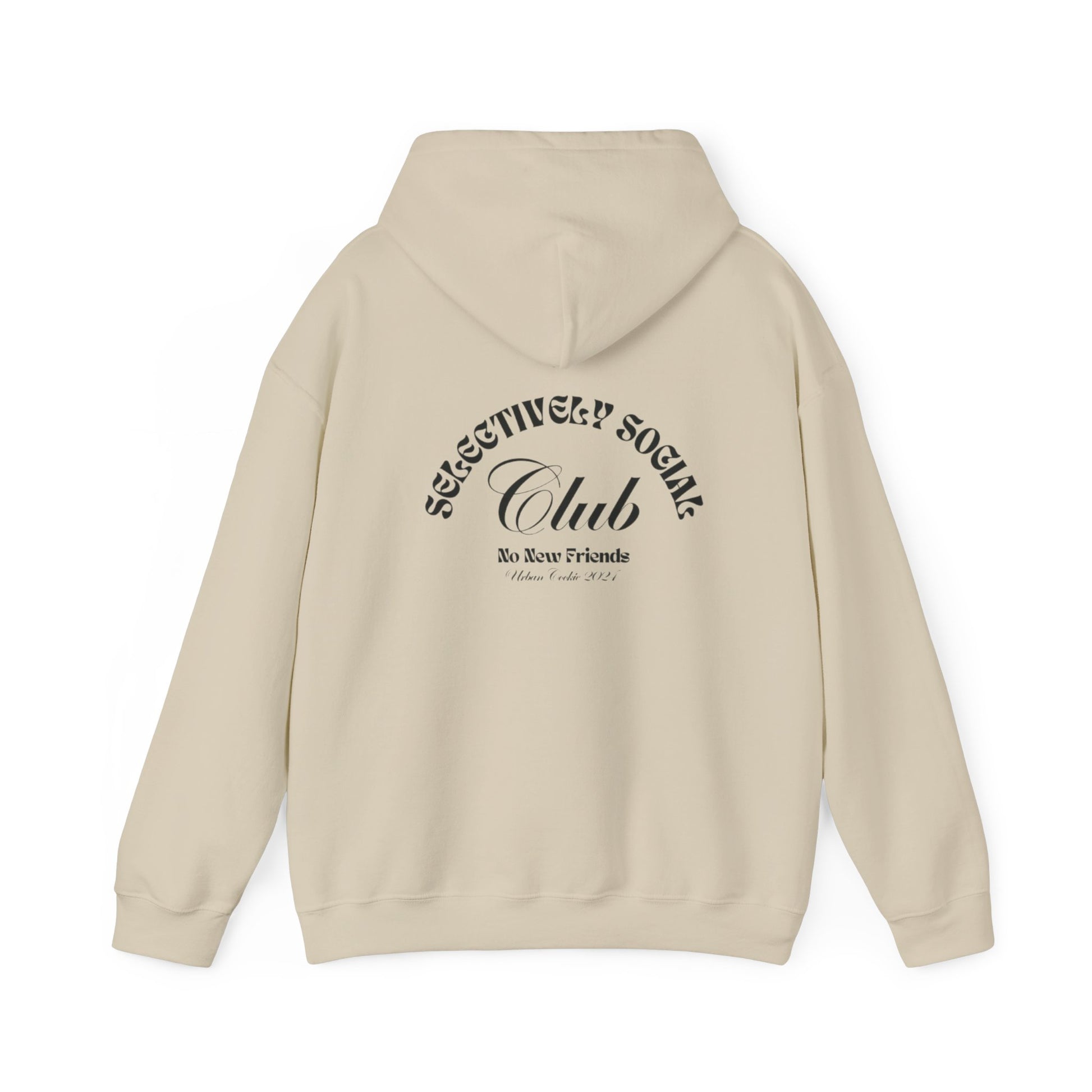 Back View of Sand Urban Cookie Black text wavy Selectively Social Club Hoodie on a white background.