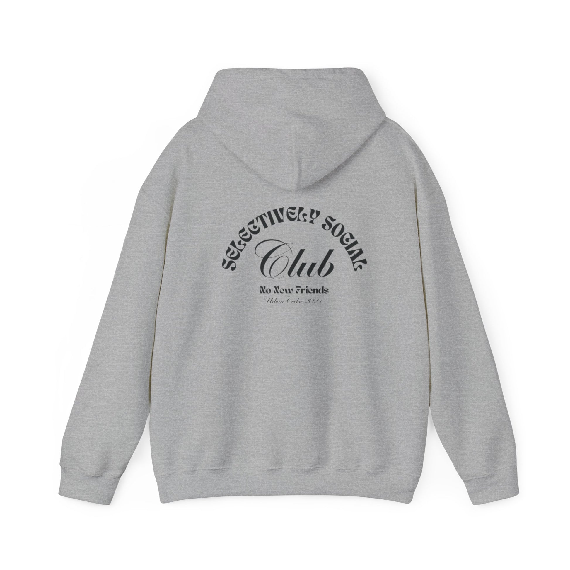 Back View of Sport Grey Urban Cookie Black text wavy Selectively Social Club Hoodie on a white background.