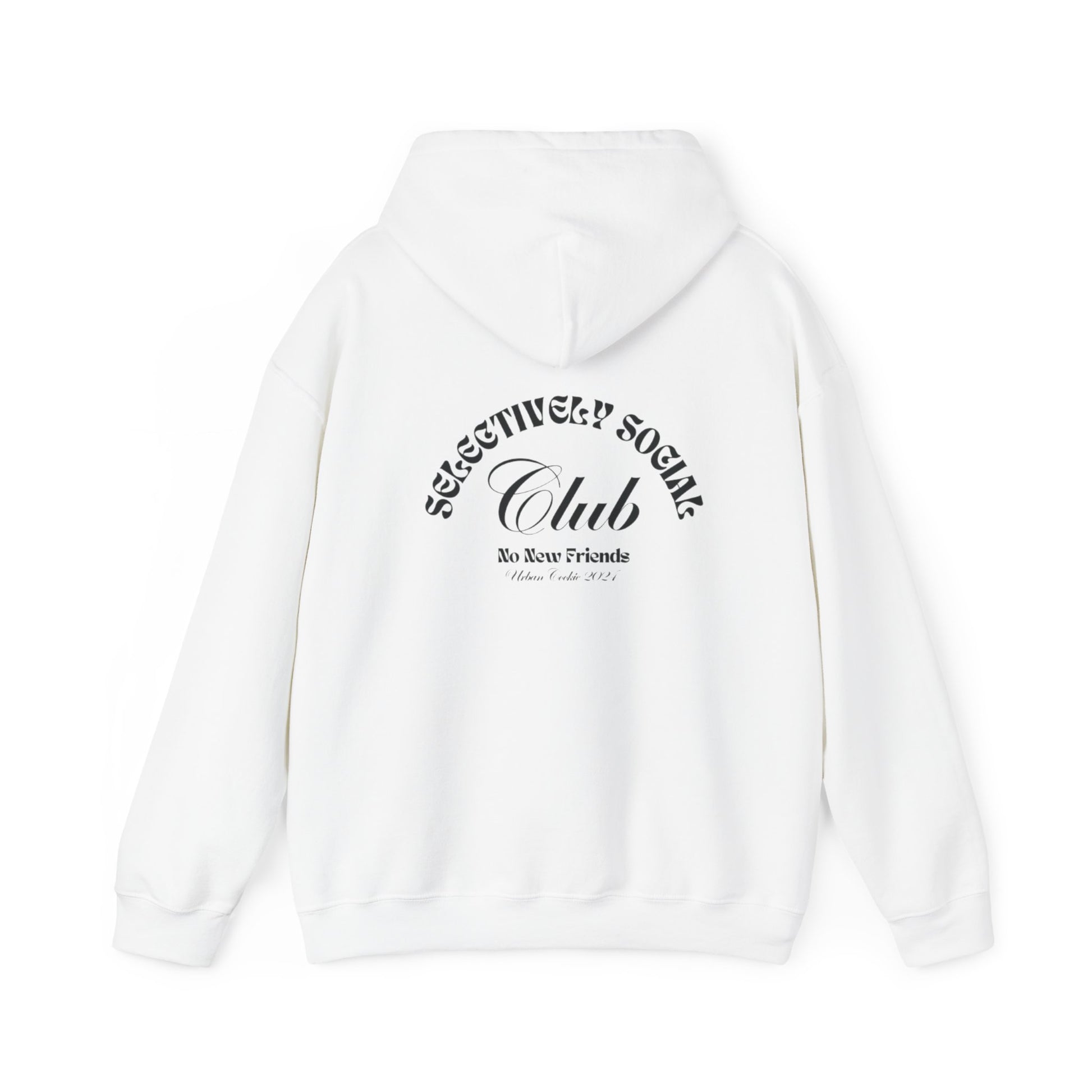 Back View of White Urban Cookie Black text wavy Selectively Social Club Hoodie on a white background.