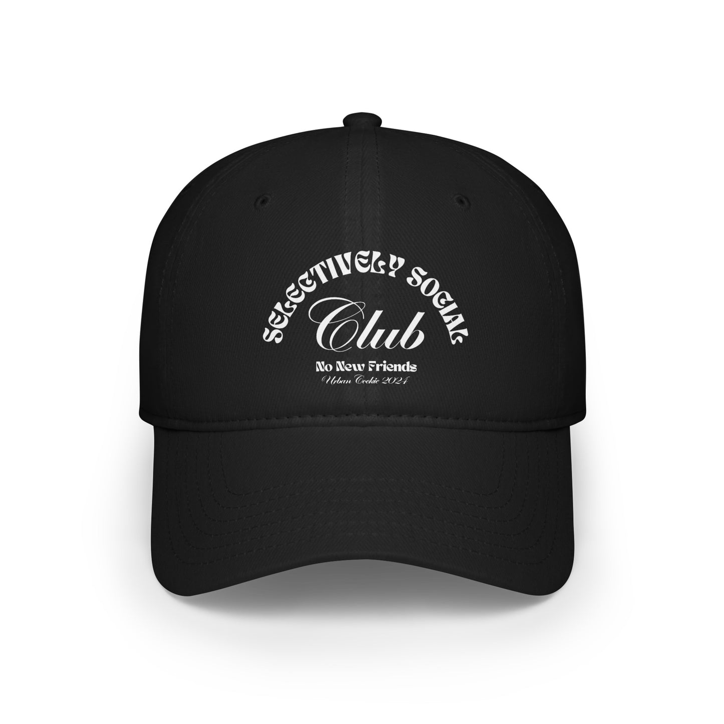 Black Urban Cookie Selectively Social Club Wavy font low-profile cotton-twill cap on a white background.