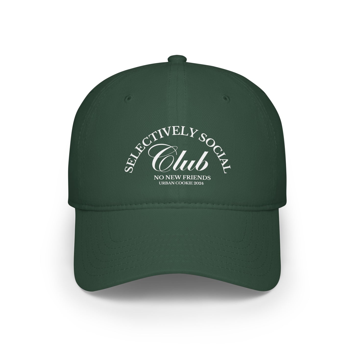 Dark Green Urban Cookie Selectively Social Club low-profile cotton-twill cap on a white background.