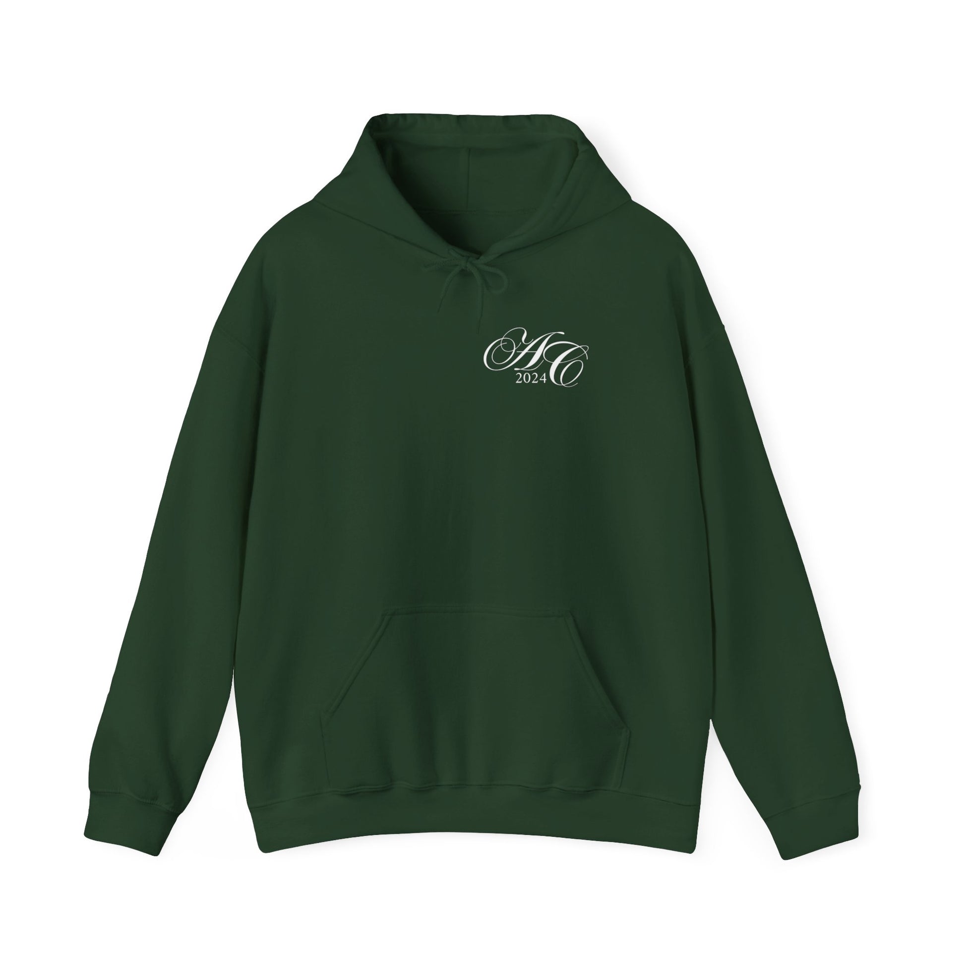 View of Urban-Cookie-SS-Forest Green custom hoodie front. Custom initials in White cursive text with year. White background.