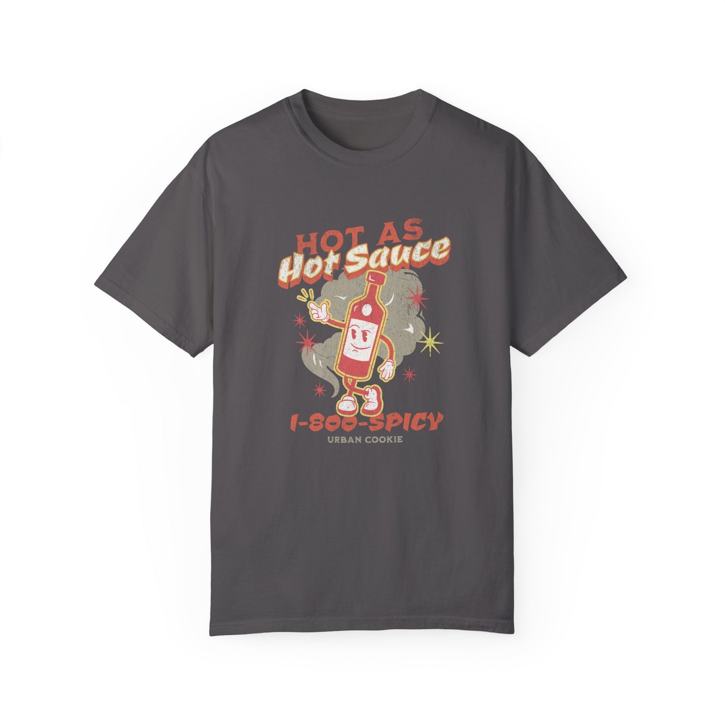 Urban Cookie Spice It Up Tee in Pepper. Vintage Hot sauce cartoon character with Hot LIKE Pepper Sauce Text in spicy colored font. White background.