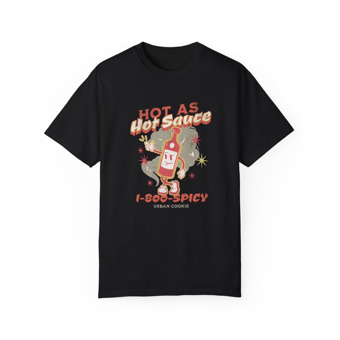 Urban Cookie Spice It Up Tee in Black. Vintage Hot sauce cartoon character with Hot LIKE Pepper Sauce Text in spicy colored font. White background.