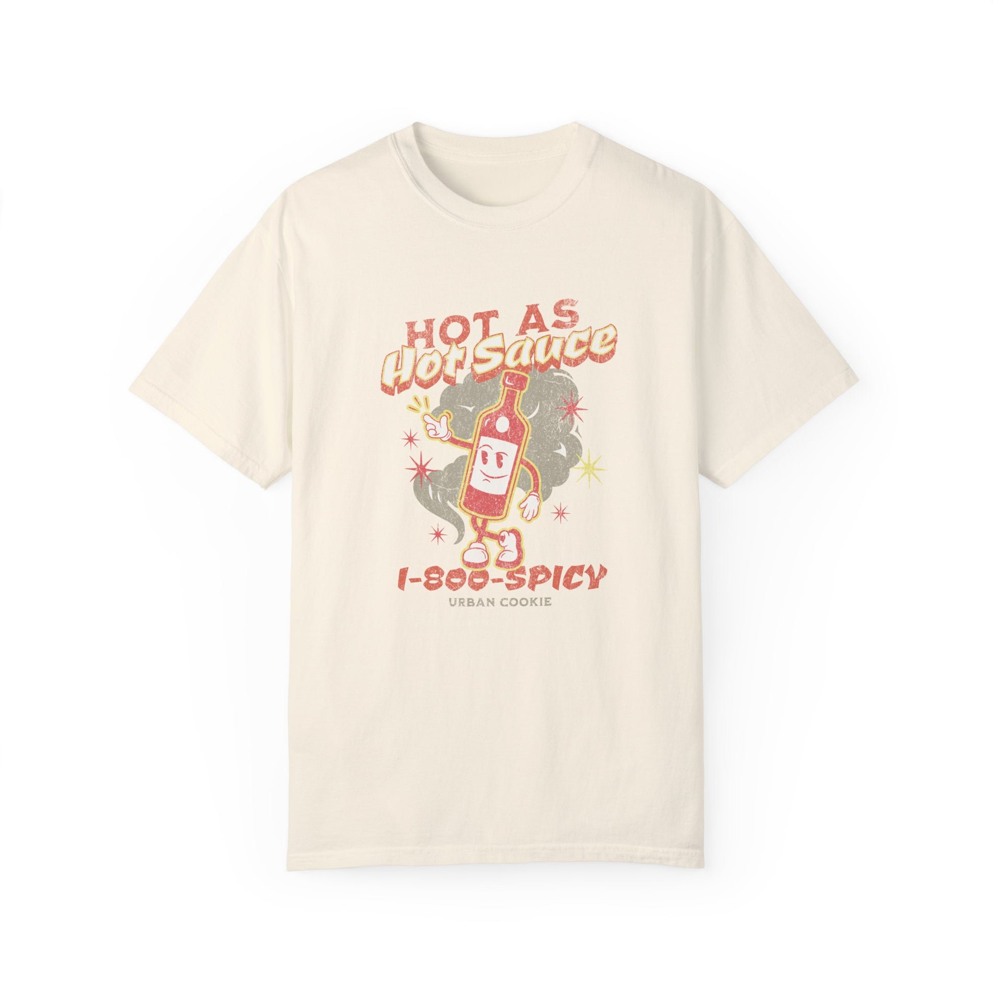 Urban Cookie Spice It Up Tee in Ivory. Vintage Hot sauce cartoon character with Hot LIKE Pepper Sauce Text in spicy colored font. White background.