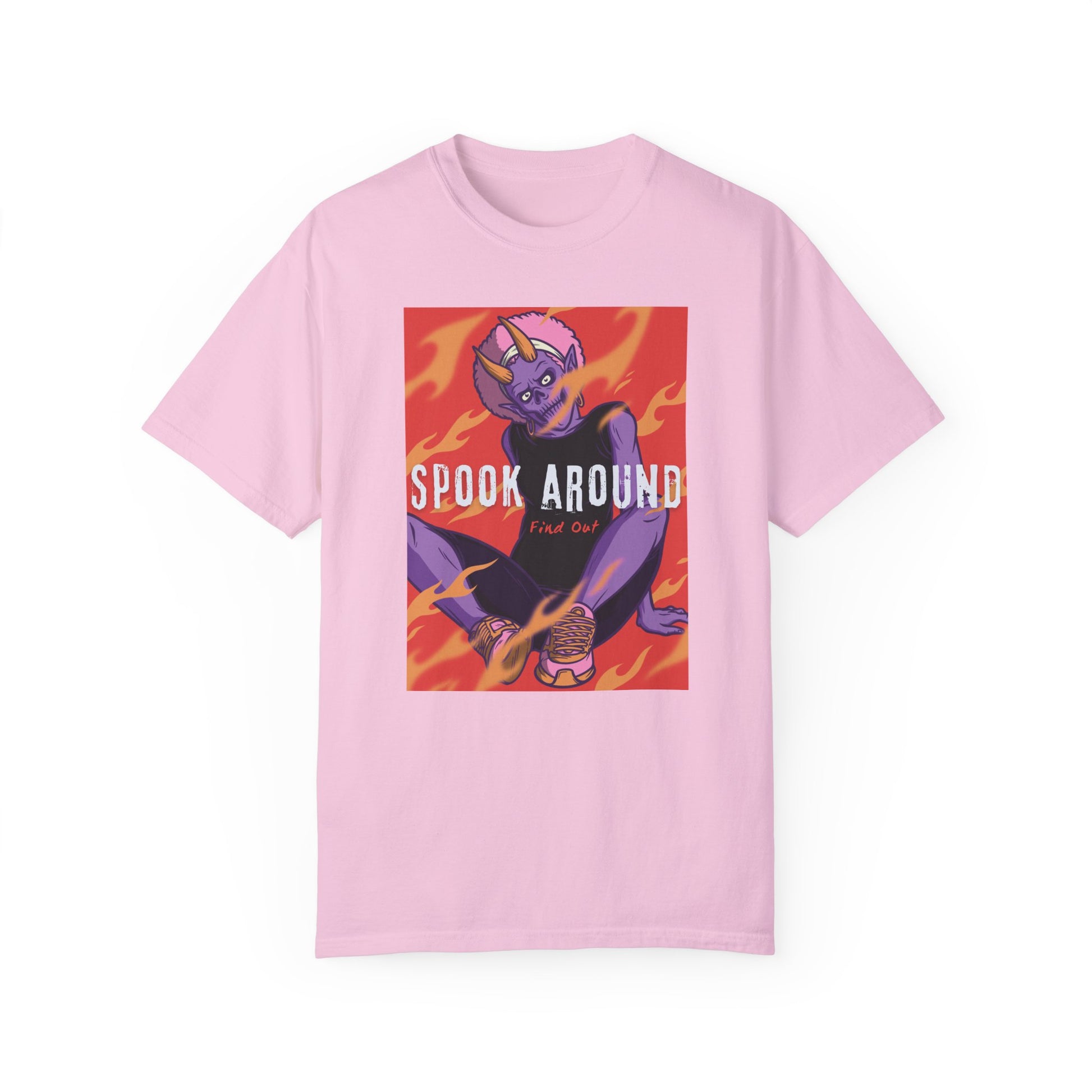 Blossom (pink) shirt with a casually dressed purple monster with horns wearing sneakers and earrings sitting in orange flames. Spook Around Find Out bold text.