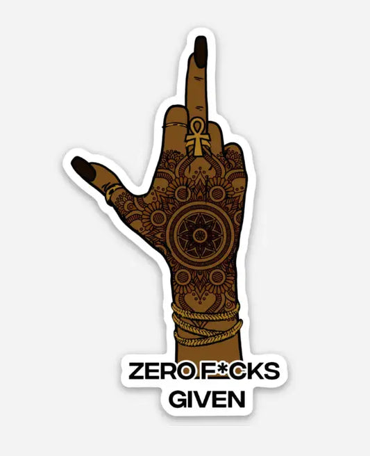 Intricate henna-style hand flipping the middle finger with an ankh ring on. The text 'Zero F*cks Given' appears below, highlighting a bold, unapologetic attitude.